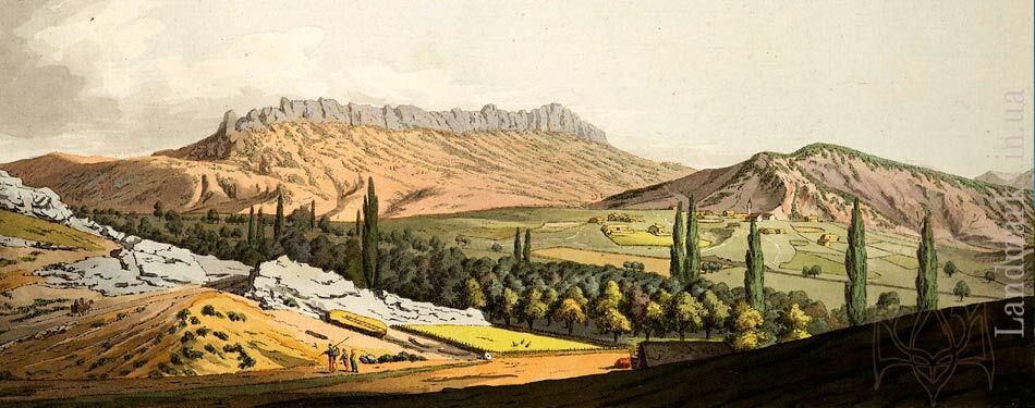 Х.Г.Г. Гейслер. Вид на ланцюг Таракташа, попереду виноградна долина Судага, вдалені однойменне село - Таракташ та сади, 1793-1794 рр.