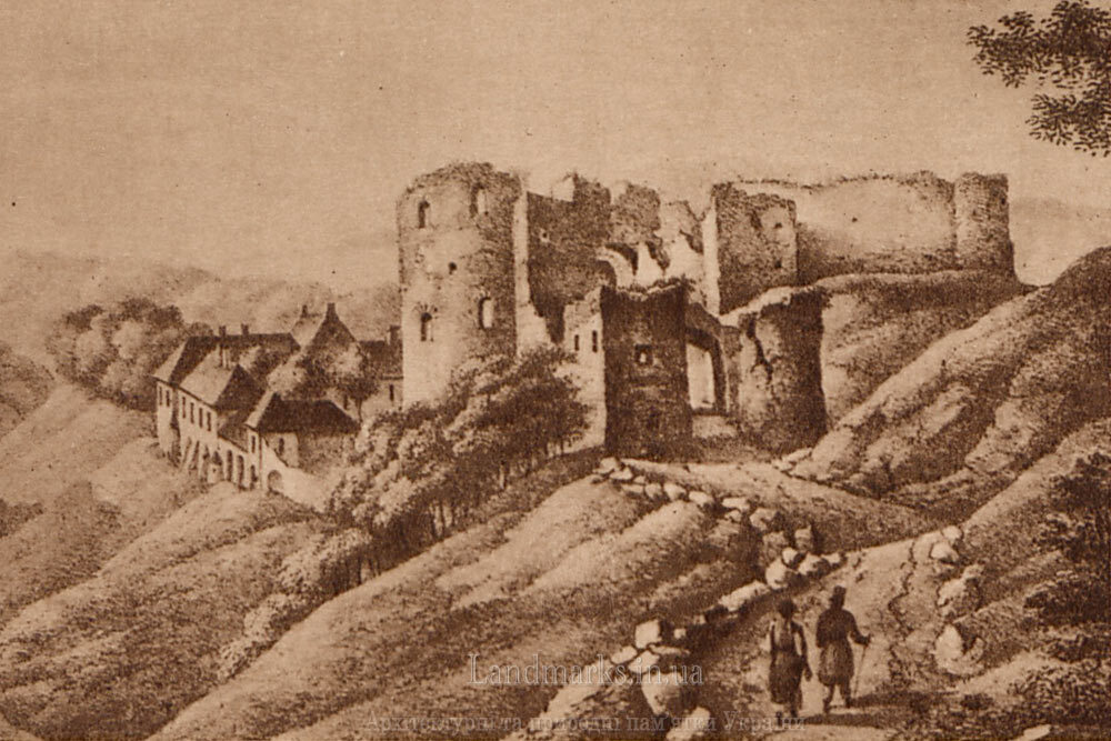 Руїни замку в Язловці, літографія Антоні Ланге