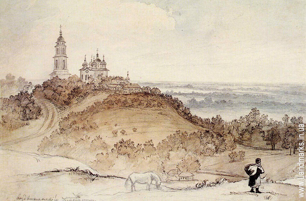 Monastery of the Elevation of the Holy Cross in Poltava, by Taras Shevchenko, paper, sepia, watercolor, ink,  August, 1845