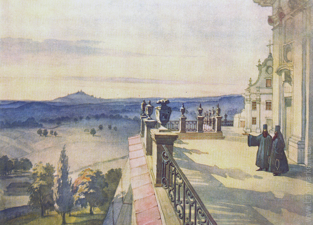 View of the surroundings from the terrace of the Pochaiv Lavra, paper, pencil, watercolor, October, 1846.